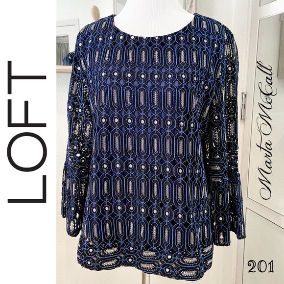 LOFT Tops - LOFT Embroidered Eyelet Bell Sleeve Blouse M